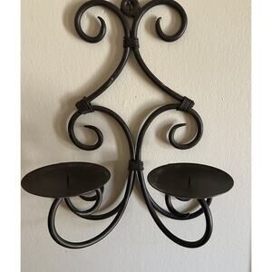 11” Vintage Gothic Dark Brown Scroll Wrought Iron Double Candle Wall Sconce